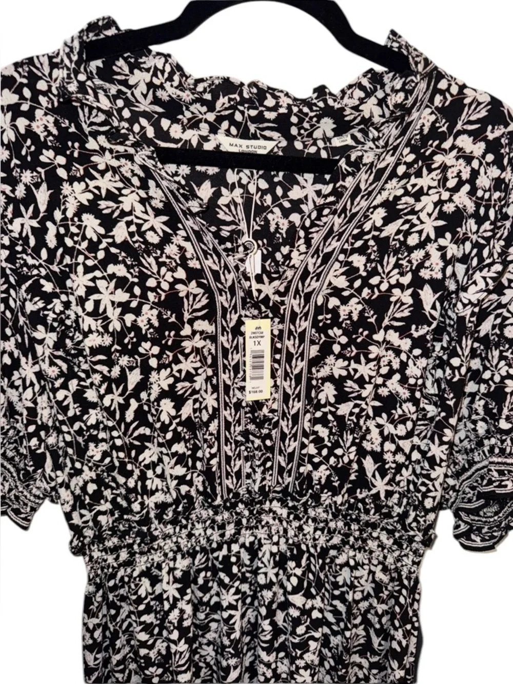 Max Studio Black Floral Smocked Midi Dress Short Sleeve 1X NWT - Picture 3 of 5